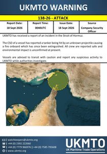 UKMTO REPORTS FRESH ATTACK IN STRAIT OF HORMUZ AS UNKNOWN PROJECTILE HITS TANKER, TRIGGERS FIRE AND DEEPENS SHIPPING SECURITY FEARS
