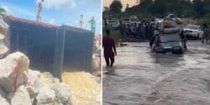 FLOODWATERS OVERRUN KWARA–OYO HIGHWAY AS GOVERNOR ABDULRAZAQ’S ‘CONTAINER BRIDGE’ FAILS JUST THREE MONTHS AFTER COMMISSIONING